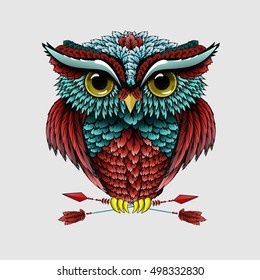 Owl with arrows on a white background. Vector image of a tattoo