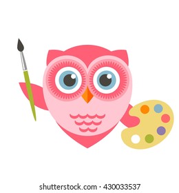 Owl artist holding brush and palette
