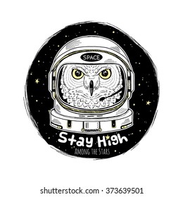 owl astronaut, hand drawn art print, animal illustration