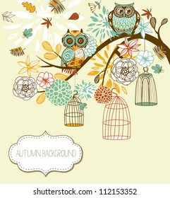 Owl autumn floral background. Owls out of their cages concept vector