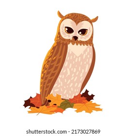 owl and autumn leaf icon isolated