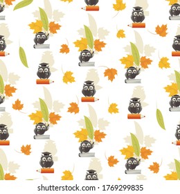 Owl, autumn leaves. Back to school. Vector background, Inscription with owl, book and autumn leaves. Seamless school pattern. Design for textiles, packaging materials, notebook cover.  