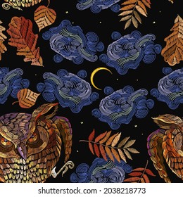 Owl, autumn leaves and night forest seamless pattern. Magic embroidery, fairy tale art. Fashion template for clothes, t-shirt design 