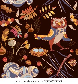 Owl and autumn leaves pattern, cute wild forest seamless pattern vector art