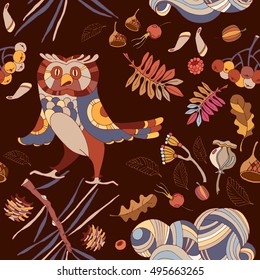 Owl and autumn leaves pattern cute wild forest seamless pattern vector 