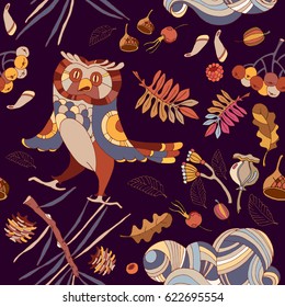 Owl and autumn leaves pattern cute wild forest seamless pattern 