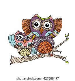 Owl with Owl Baby Doodle Vector