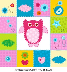 owl and baby themed elements in stitched textile style