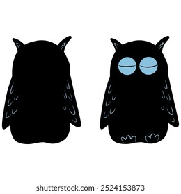 Owl back and front view vector illustration, black owl, owl with closed eyes