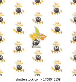 Owl. Back to school. Vector background, Inscription with owl, book and autumn leaves. Seamless school pattern. 