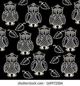 Owl background, hand drawn graphic birds, vector sketch illustration