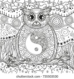 Owl. Background. Square mandala. Yin and Yang. Hand drawn bird with abstract patterns on isolation background. Design for spiritual relaxation for adults. Black and white illustration for coloring