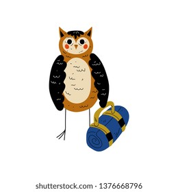 Owl with Bag, Bird Character Having Hiking Adventure Travel or Camping Trip Vector Illustration