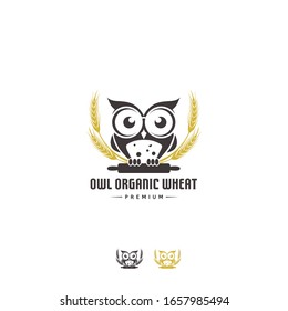 logotipo de panadería de búho con símbolo de rodillo y de trigo plantilla gráfica vectorial