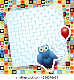 Owl and balloon, custom background. Vector 