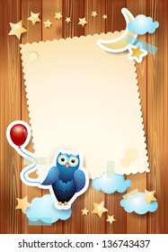 Owl and balloon on wooden background, vector