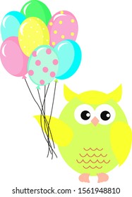 Lechuza con globos, ilustración, vector sobre fondo blanco.