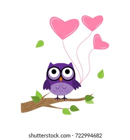 Owl with balloons, owl vector, violet color