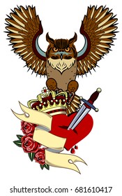 Owl with a banner, crown, heart, stabbed with a knife and roses. Old school tattoo style