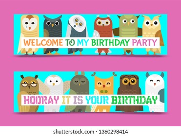 Owl banner and pattern vector illustration. Welcome to my birthday. Cute cartoon wise birds with wings of different color for invitation, greeting cards and celebration party.