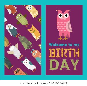 Owl banner and pattern vector illustration. Welcome to my birthday. Cute cartoon wise birds with wings of different color for invitation cards and celebration party.