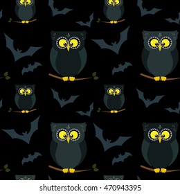 Owl and bat. Seamless halloween pattern