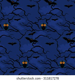Owl and bats on a background of night trees seamless pattern
