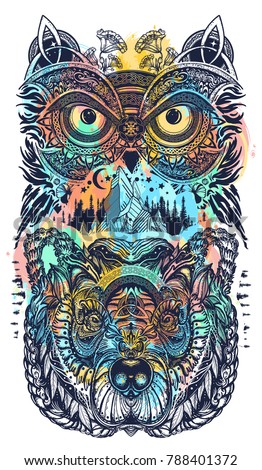 Owl and bear color tattoo art watercolor splash. Symbol of wisdom, meditation, thinking, tourism, adventure 