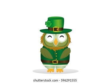 Owl with a beard  in traditional green suit on the day of Patrick. Greeting card with owlet. Free space for your ad or text. Vector illustration on white background