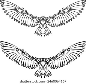 Búho Hermoso Ornamento Entrelazado Tipo Celta o Boho Patrón. Ilustración vectorial de un búho con alas extendidas. El pájaro está hecho de un patrón de ligadura fina de color sólido diseñado para el negocio de relieve