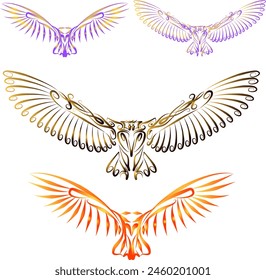 Owl Beautiful Intertwined Ornament Type Celtic or Boho Pattern. Vector illustration of an owl with spread wings. The bird is made of fine ligature pattern gradient multi color designed for embossing