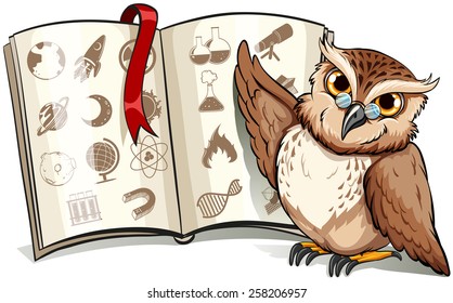 Owl beside the book with a red bookmark on a white background