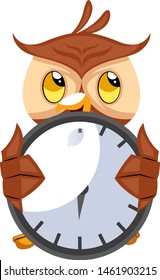 Owl with big clock, illustration, vector on white background.