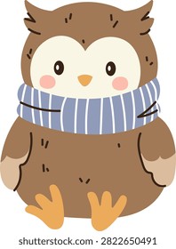 Owl with big eyes sitting upright, chubby body, striped scarf, rounded shapes, soft lines. Symbol of warmth, coziness, winter comfort, hygge, and wisdom. Cartoon vector illustration.