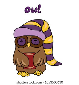 Owl in a big hat and with a mug, vector children's illustration on an isolated background. For banners, postcards and stickers,