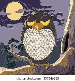 An owl with big yellow eyes sits on the branch of a tree under a cloudy sky with a full moon