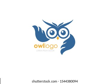 Owl Bird with big wings, Infinity Wise, Vector Symbol. Blue illustration on white background