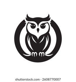 Owl bird black solid silhouette isolated on white background, clip art logo icon