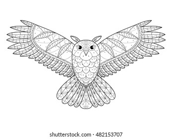 Owl bird coloring book vector illustration. Anti-stress coloring for adult. Zentangle style. Black and white lines. Lace pattern