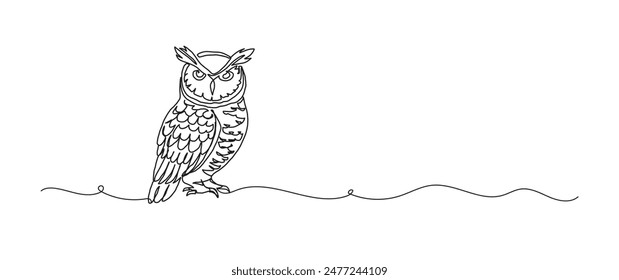 Owl bird continuous one line drawing, single line art element, minimalist sketch line vector illustration, autum and thanksgiving concept