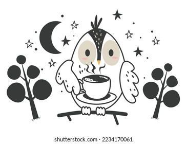 Owl bird drink coffee tea hot drink late night concept. Vector graphic design illustration element