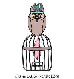 owl bird with feathers hat in cage bohemian style