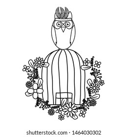 owl bird with feathers hat in cage bohemian style