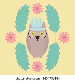 owl bird with feathers hat and flowers frame