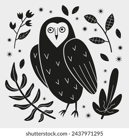 Owl bird flat folklore vector illustration hand drawn design for Happy Owl Day, Halloween. Cute fairytale animal and nature wild fauna, mystical wisdom symbol for print, poster, card, flyer, icon logo