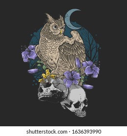 owl bird floral with skull nightmare grunge background halloween