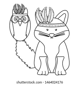owl bird and fox with feathers hats bohemian style