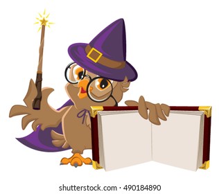 Owl bird in Halloween costume holding open book. Isolated on white vector cartoon illustration