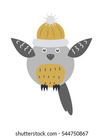 Owl bird in knitted cap with raised wings isolated on white. Vector illustration of one gray bird i in cartoon retro comic style. Editable element for greeting card design for Christmas holiday