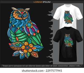 Owl bird mandala arts isolated on black and white t shirt.